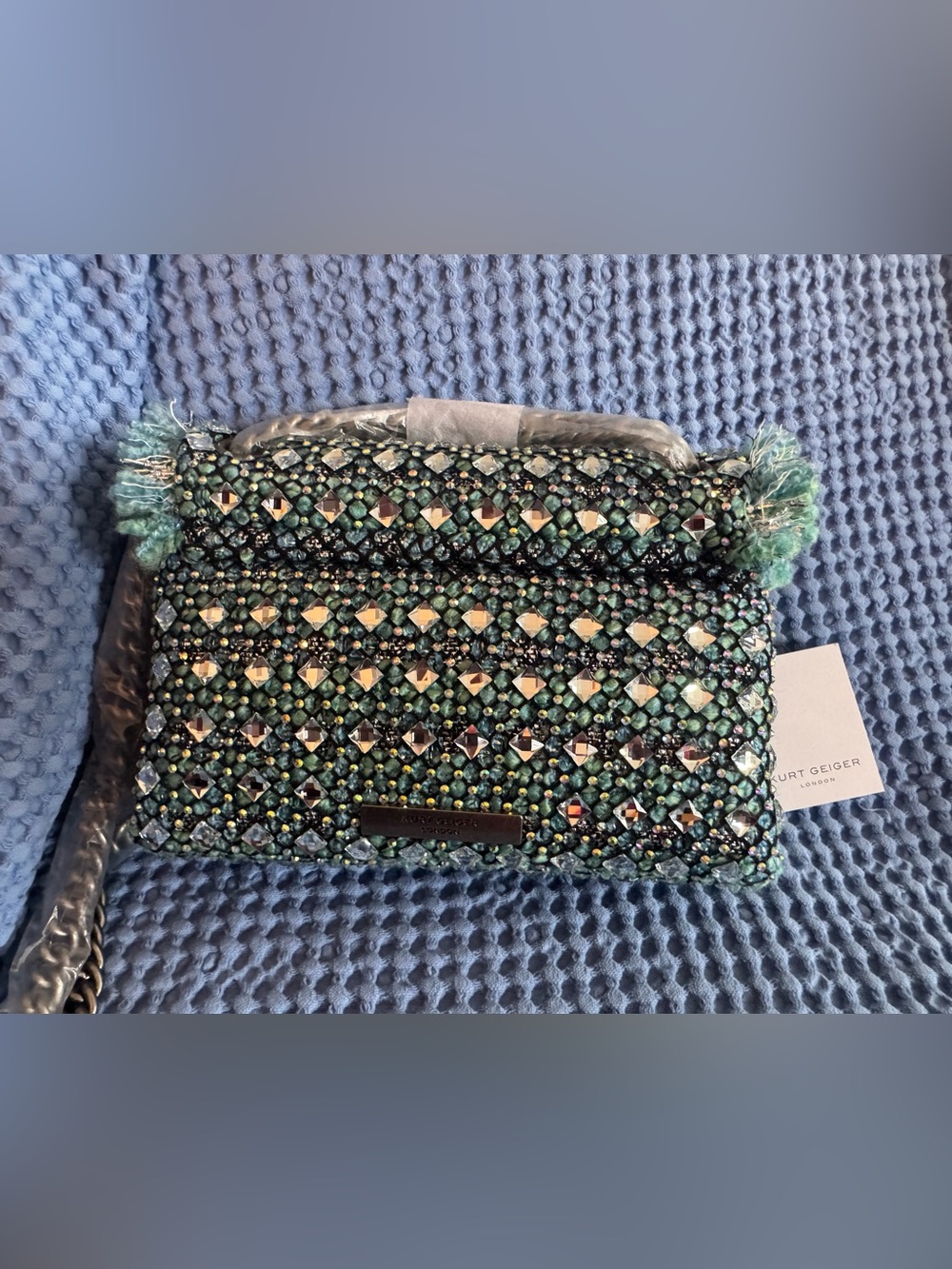 Kurt Geiger Green Crystal-Embellished Woven Clutch